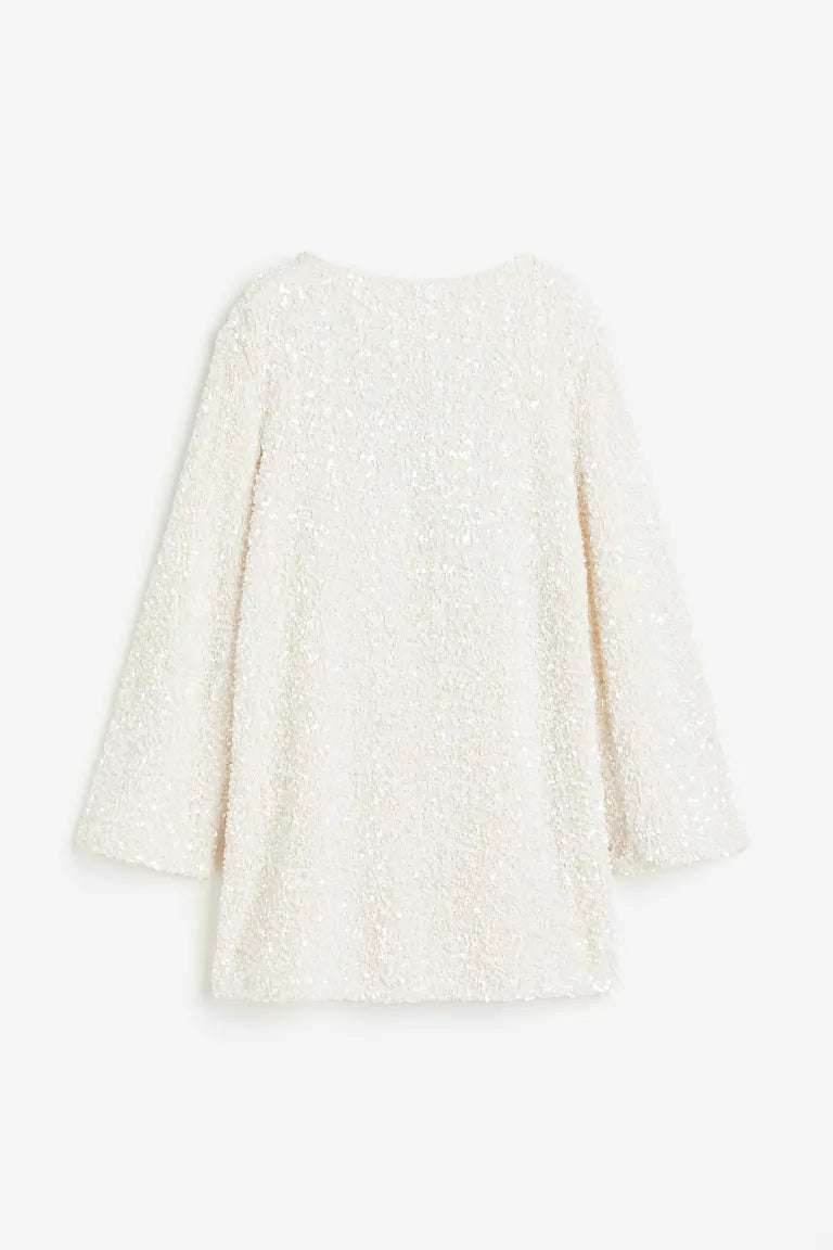 Sequin Long Sleeve Bow Back Backless Mini Party Dress in White - View 7