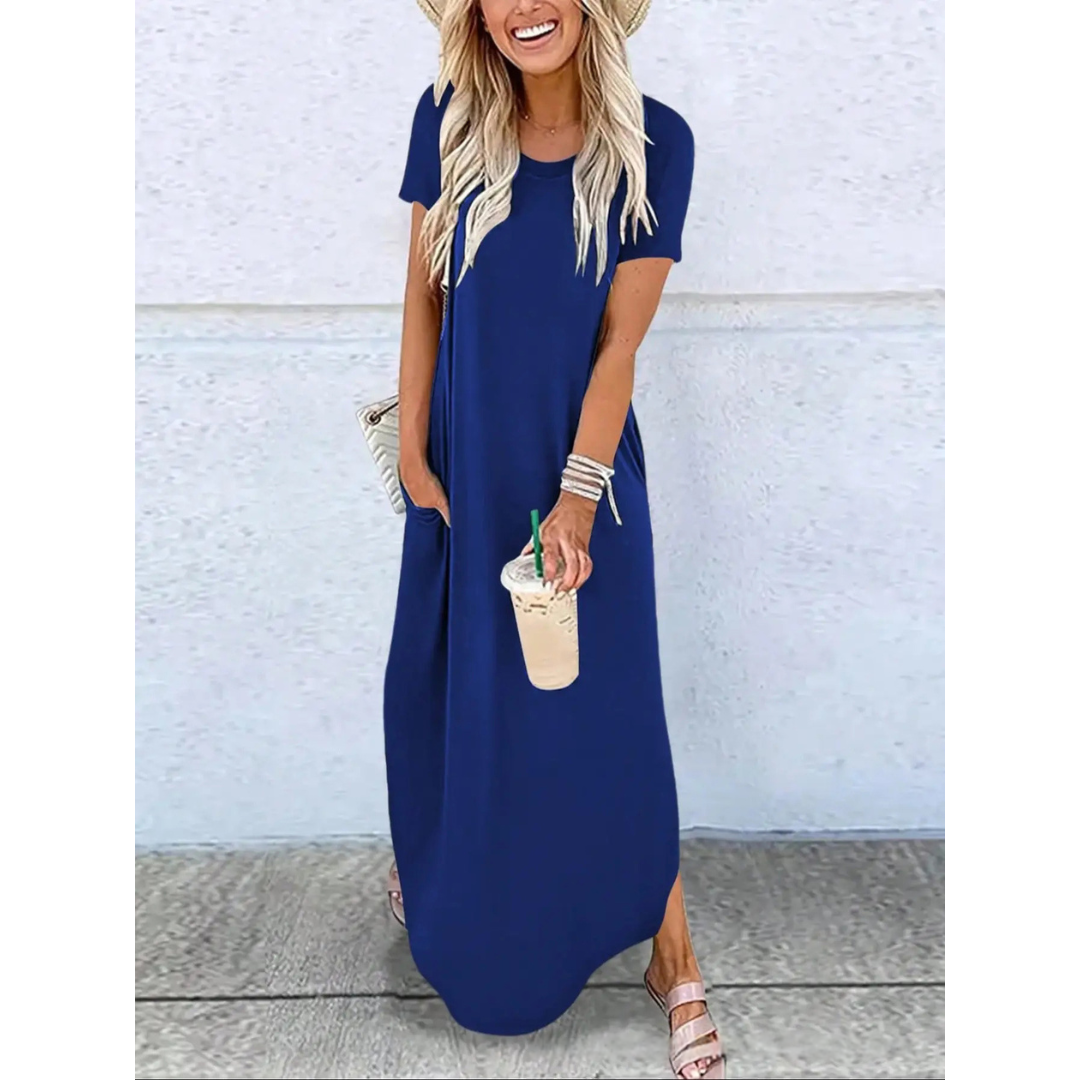 Round Neck Short Sleeve Side Split Maxi Dress