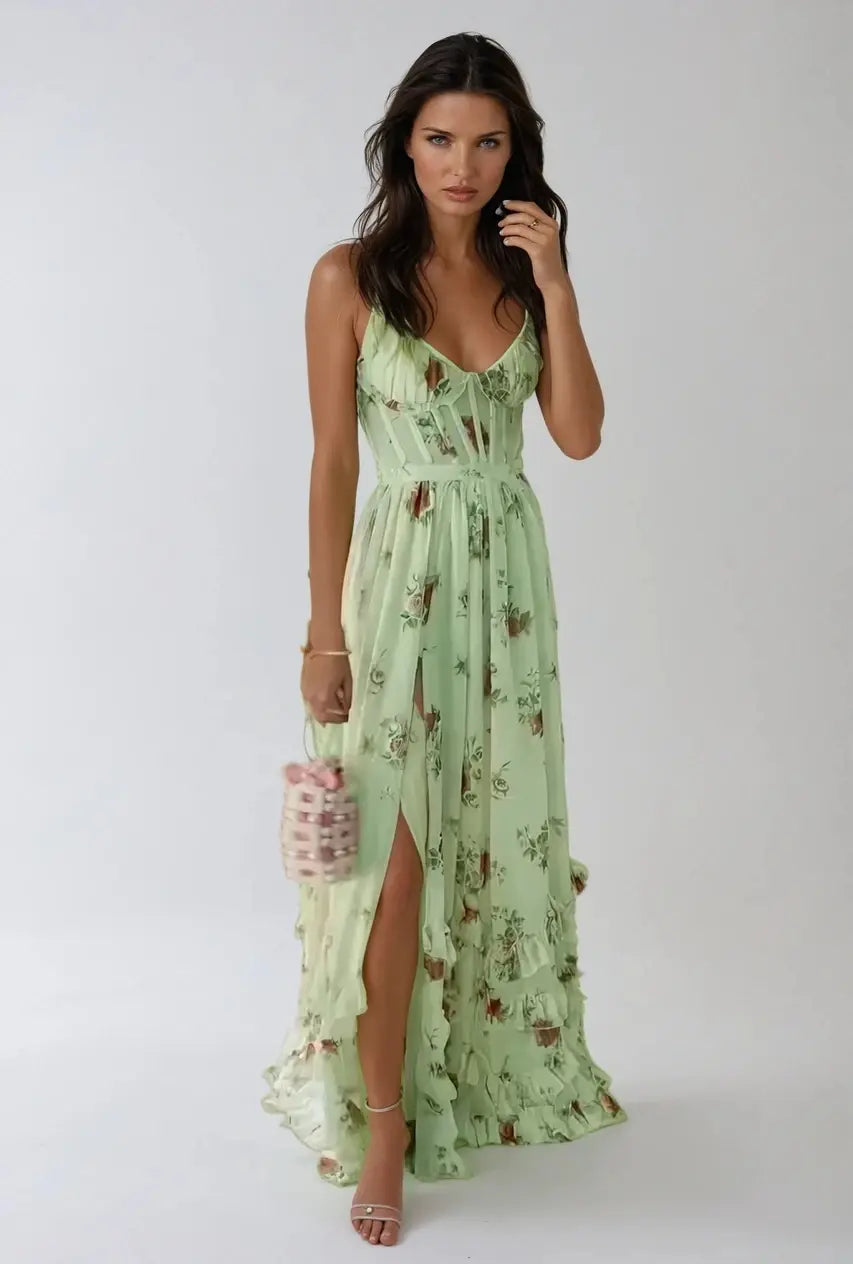 Floral Print Corset Bodice High Split Ruffle Hem Maxi Dress 9