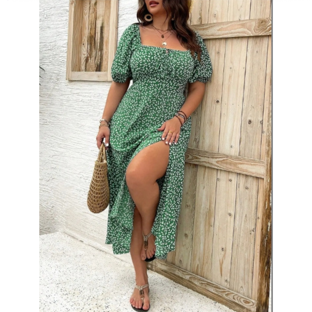 Floral Square Neck Puff Sleeve High Split Maxi Dress 8