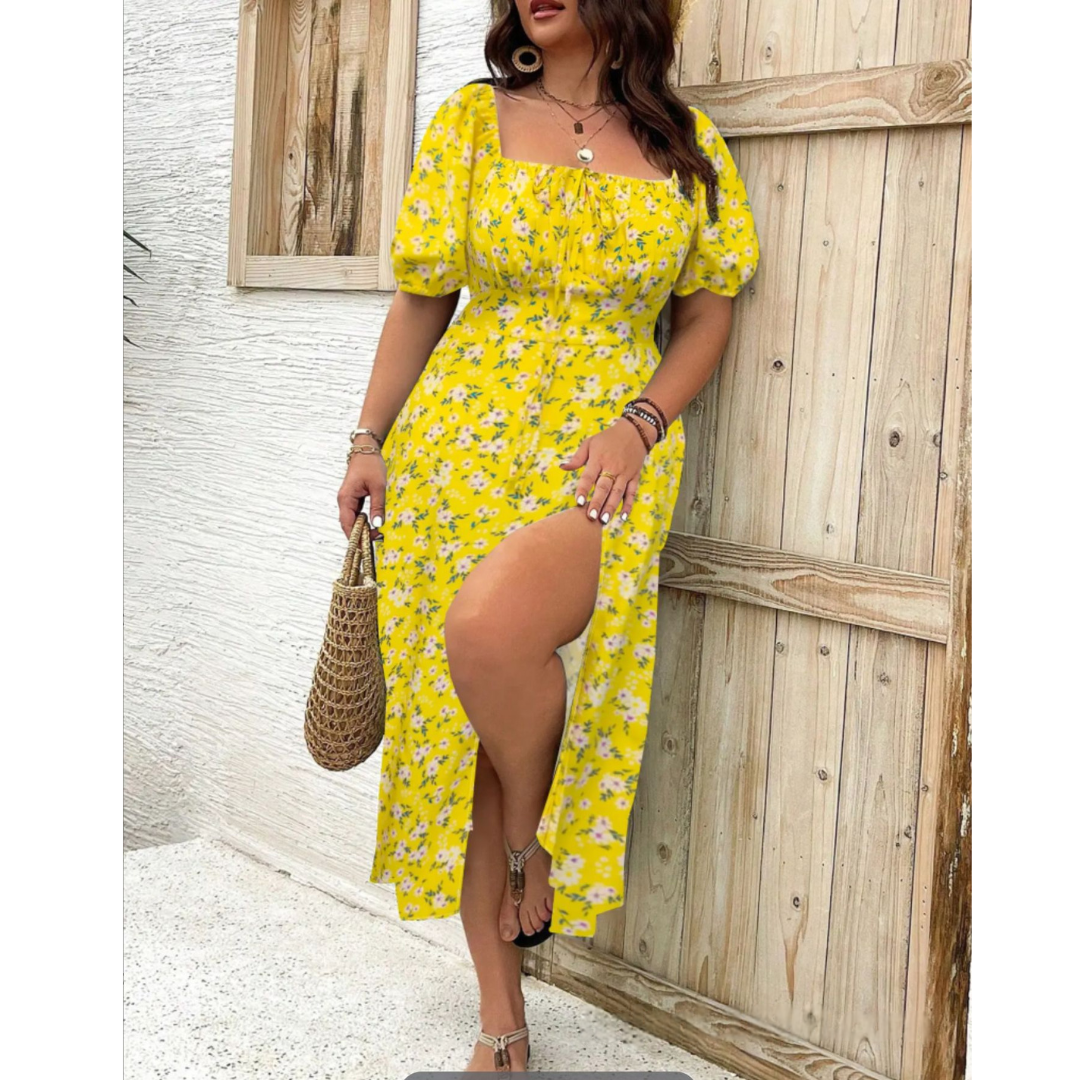 Floral Square Neck Puff Sleeve High Split Maxi Dress 7