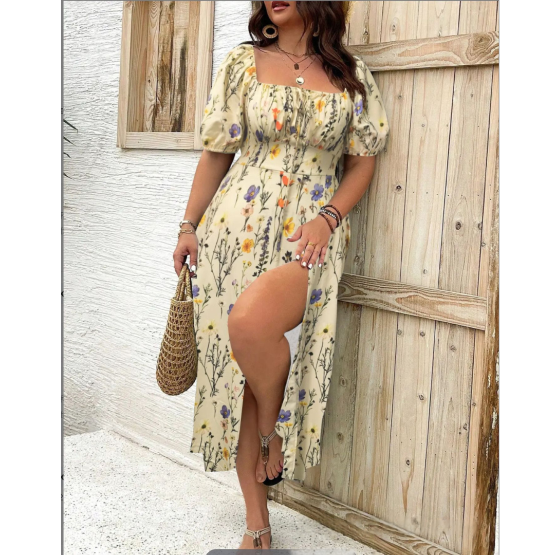Floral Square Neck Puff Sleeve High Split Maxi Dress 3