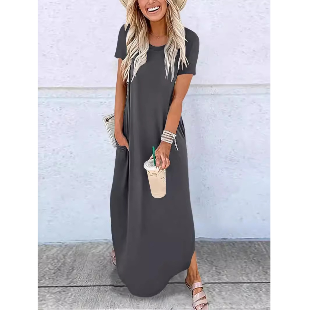 Round Neck Short Sleeve Side Split Maxi Dress 4
