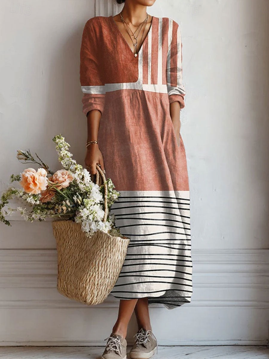 Striped V-Neck Long Sleeve Pocket Maxi Dress 2