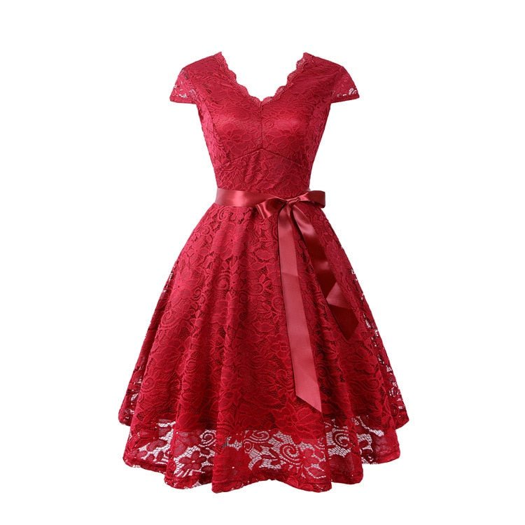 Floral Lace Deep V-Neck Cap Sleeve Sash Waist Cocktail Midi Dress - View 3