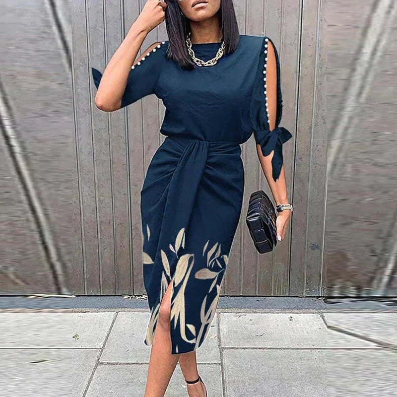 Round Neck Cold Shoulder Tie Waist Slit Midi Dress
