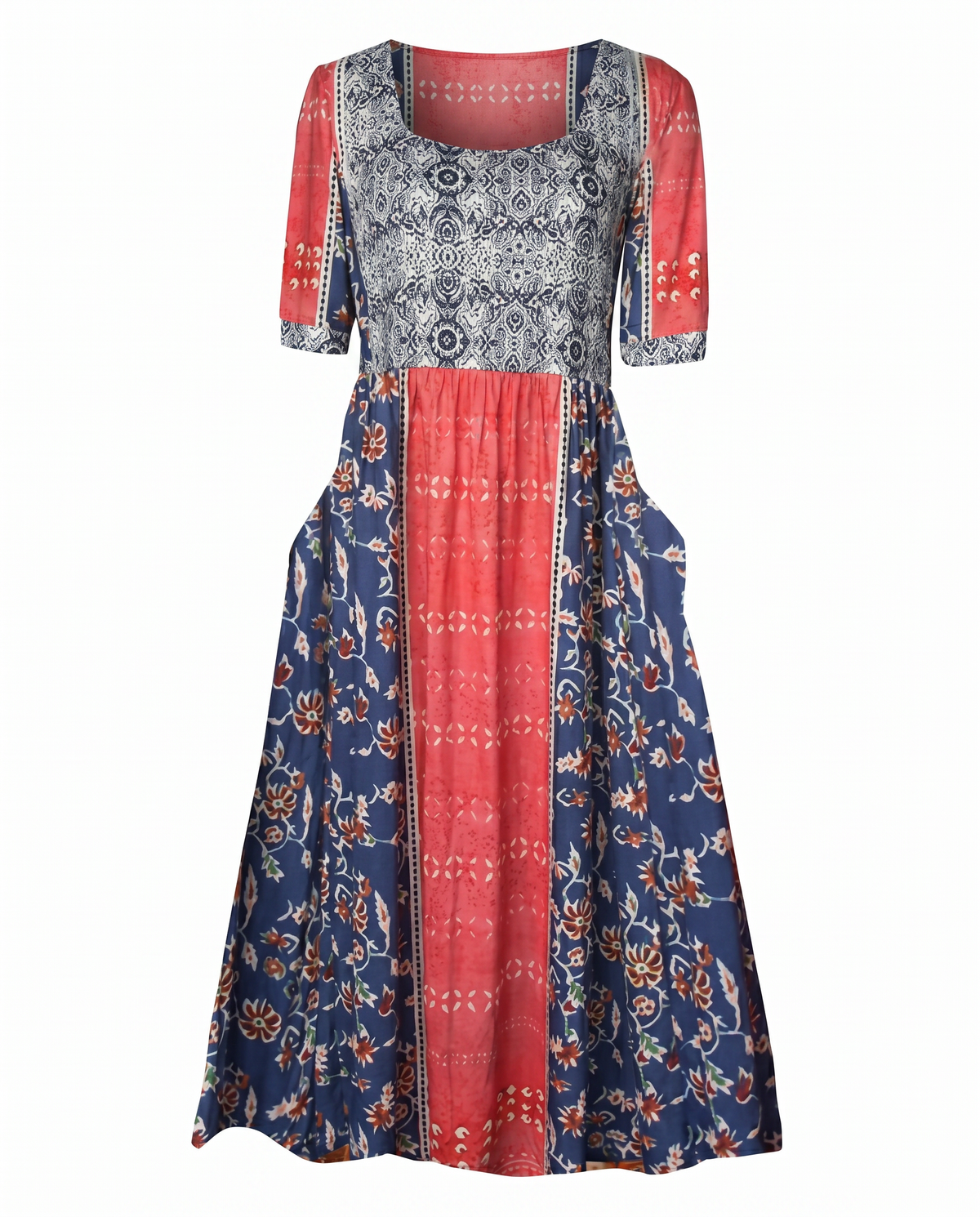 Boho Floral Square Neck Short Sleeve Tiered Midi Dress 9