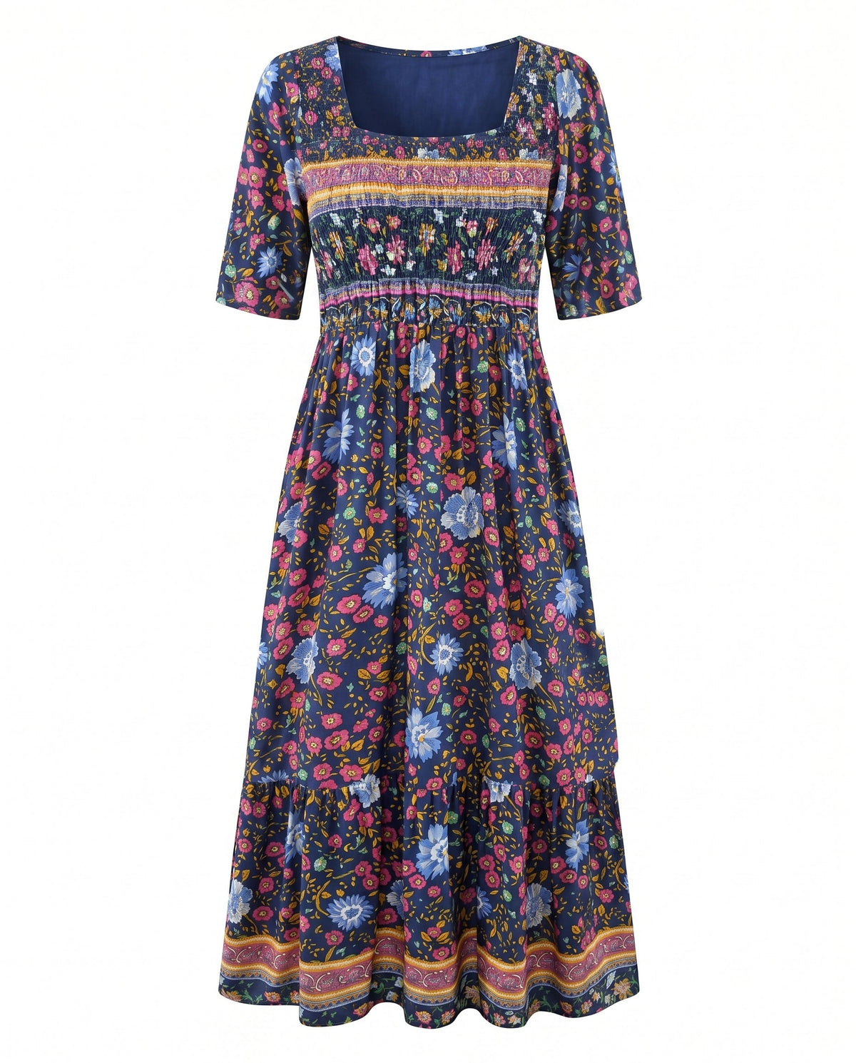 Boho Floral Square Neck Short Sleeve Tiered Midi Dress 11