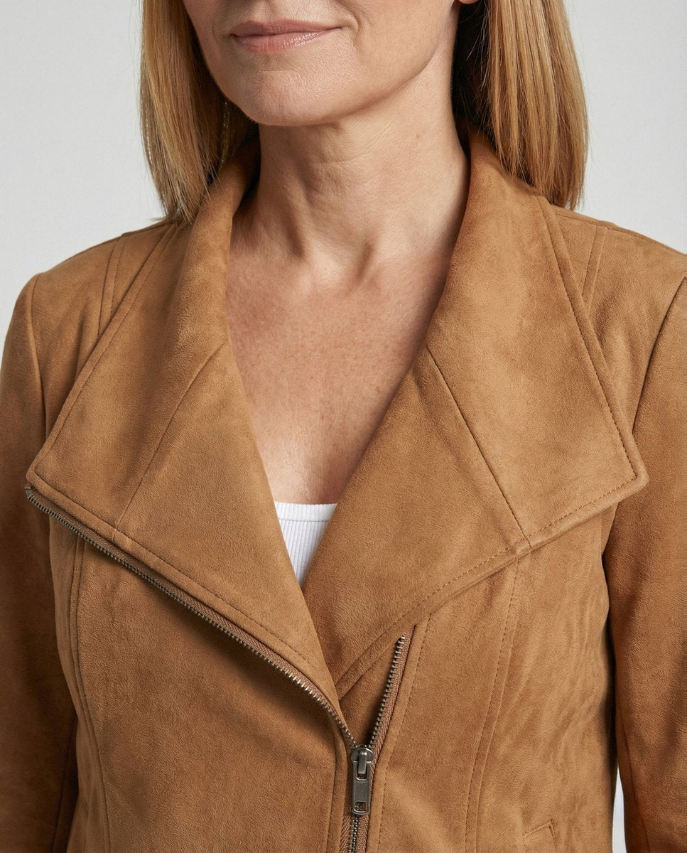 Asymmetric Zip Draped Collar Faux Suede Biker Jacket 3