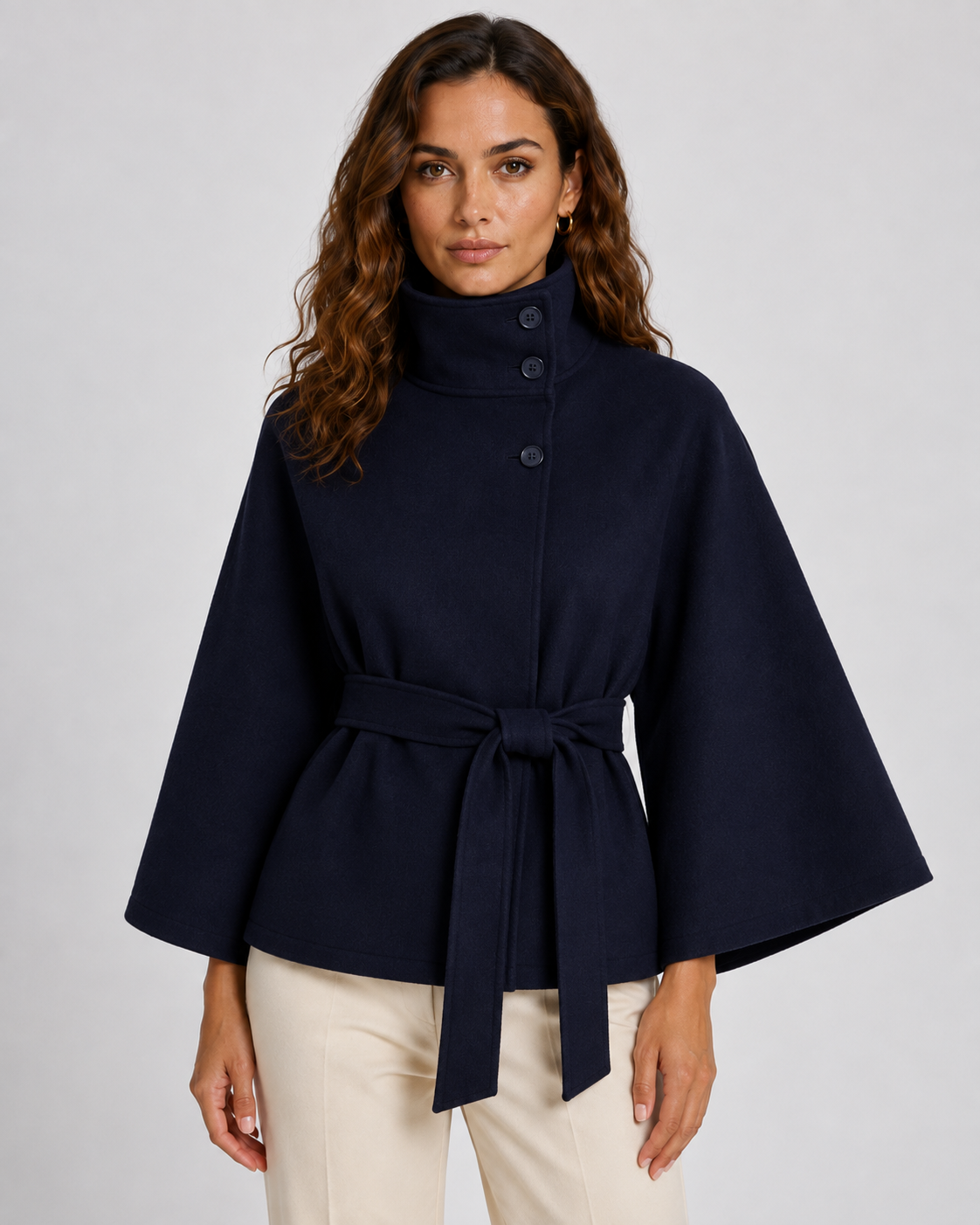 Belted Funnel Neck Wide Sleeve Cape Coat 7