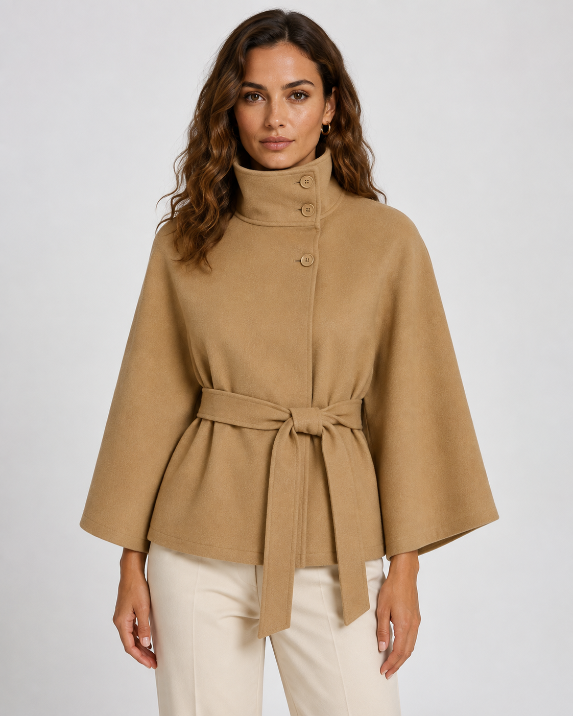 Belted Funnel Neck Wide Sleeve Cape Coat 3
