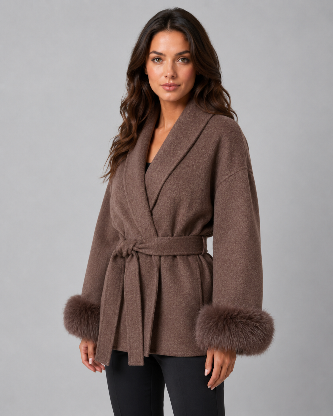 Shawl Collar Belted Faux Fur Cuff Wrap Coat 2