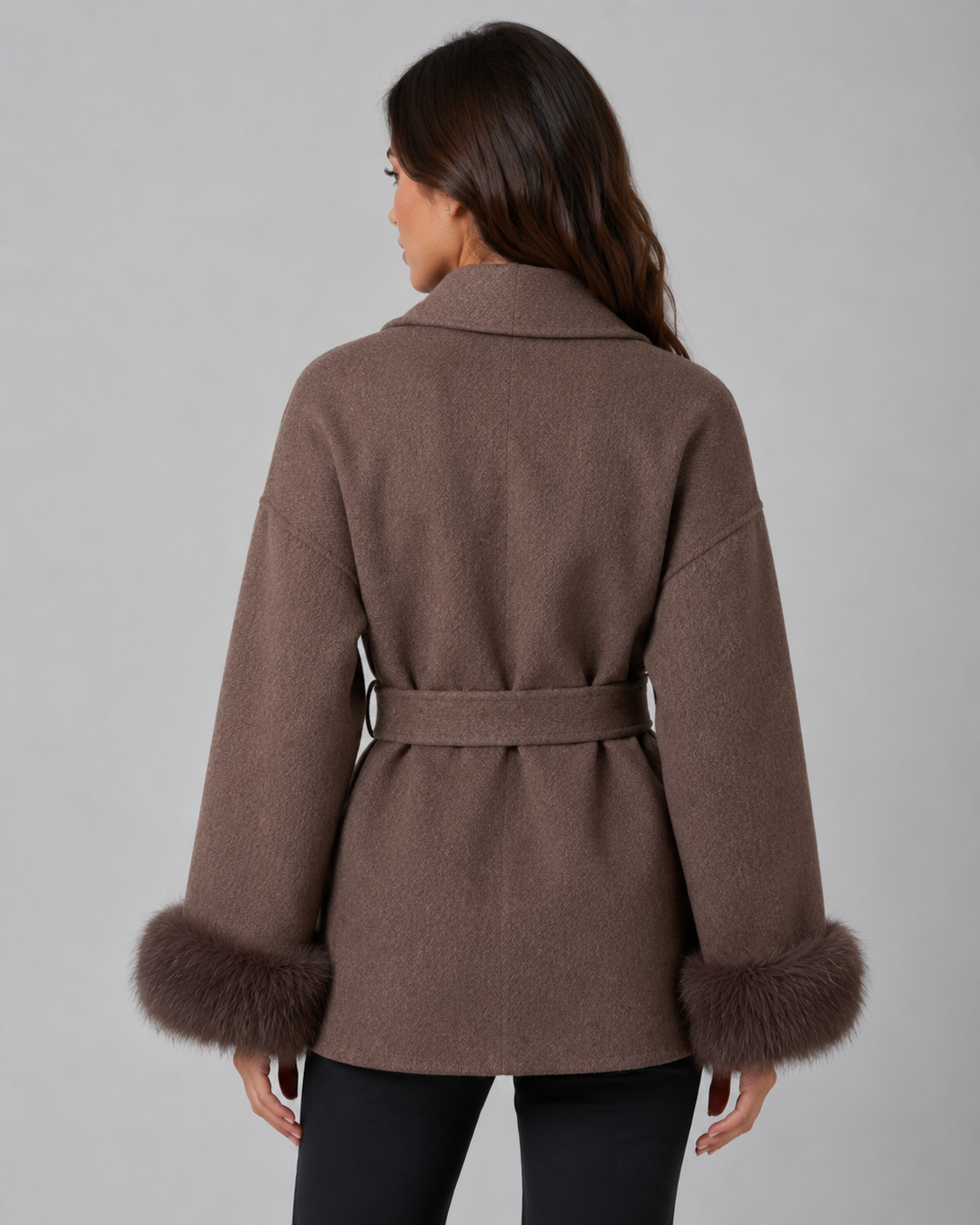 Shawl Collar Belted Faux Fur Cuff Wrap Coat 3