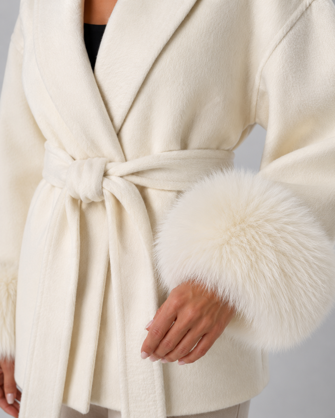 Shawl Collar Belted Faux Fur Cuff Wrap Coat 5