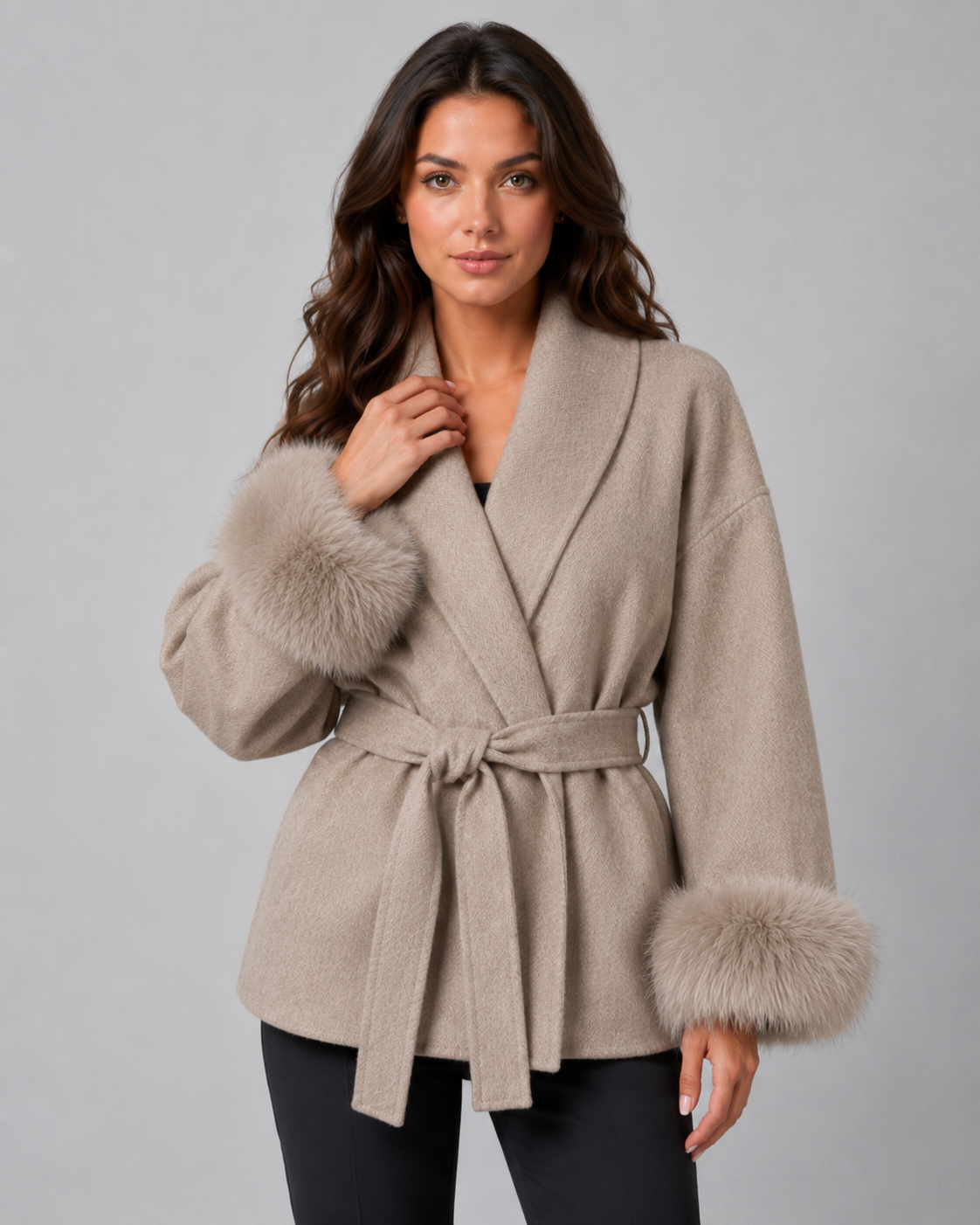 Shawl Collar Belted Faux Fur Cuff Wrap Coat 8
