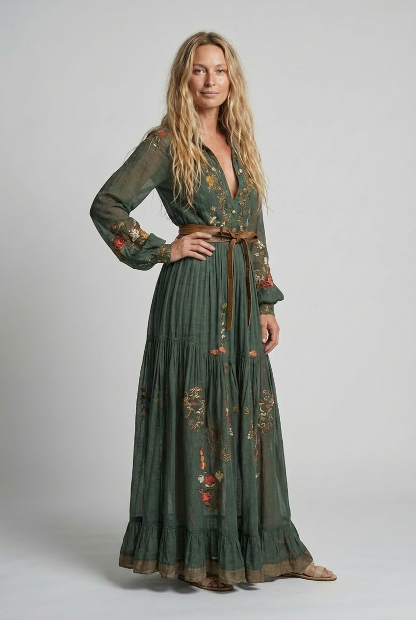 Embroidered Deep V-Neck Puff Sleeve Belted Boho Maxi Dress 3
