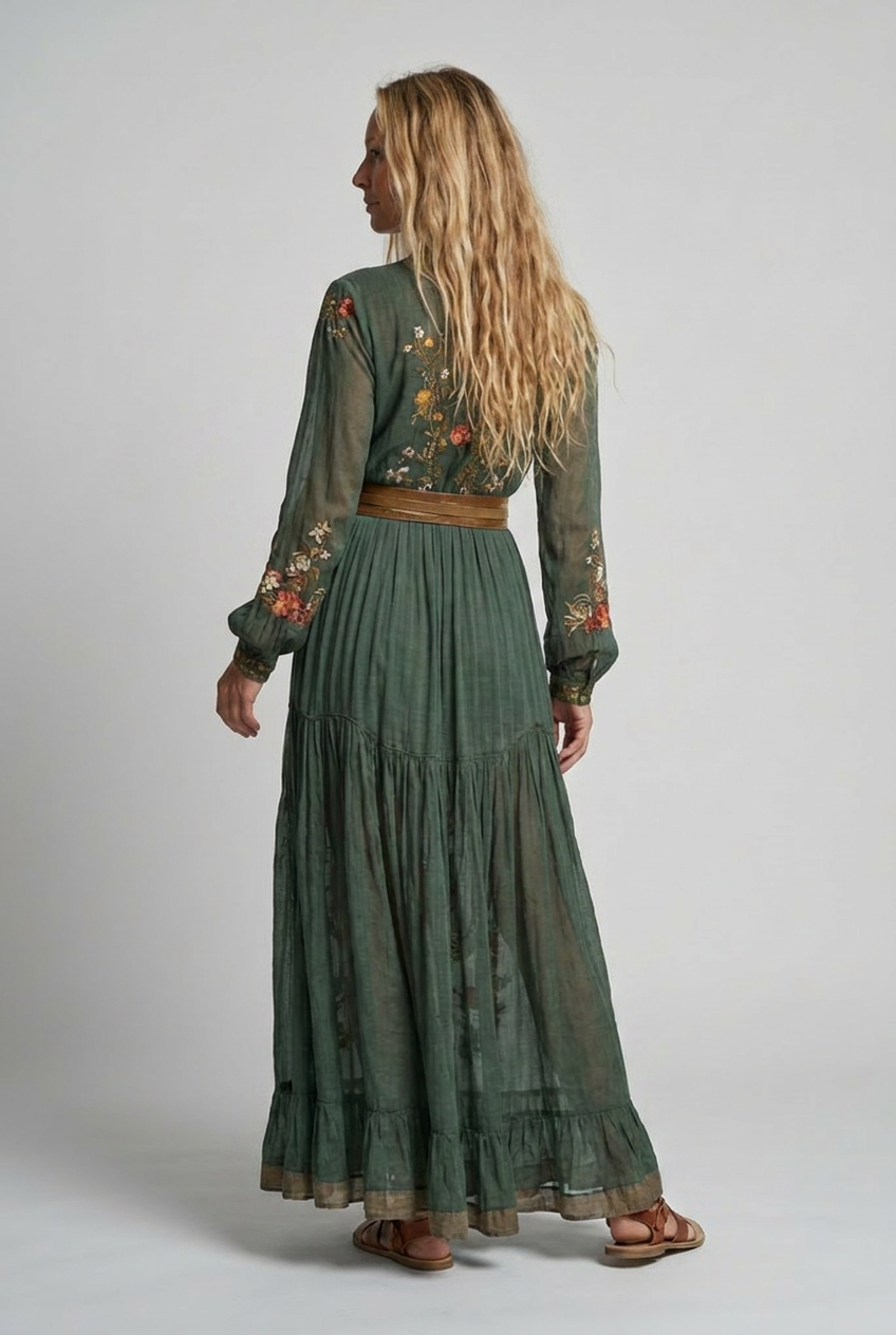 Embroidered Deep V-Neck Puff Sleeve Belted Boho Maxi Dress 4