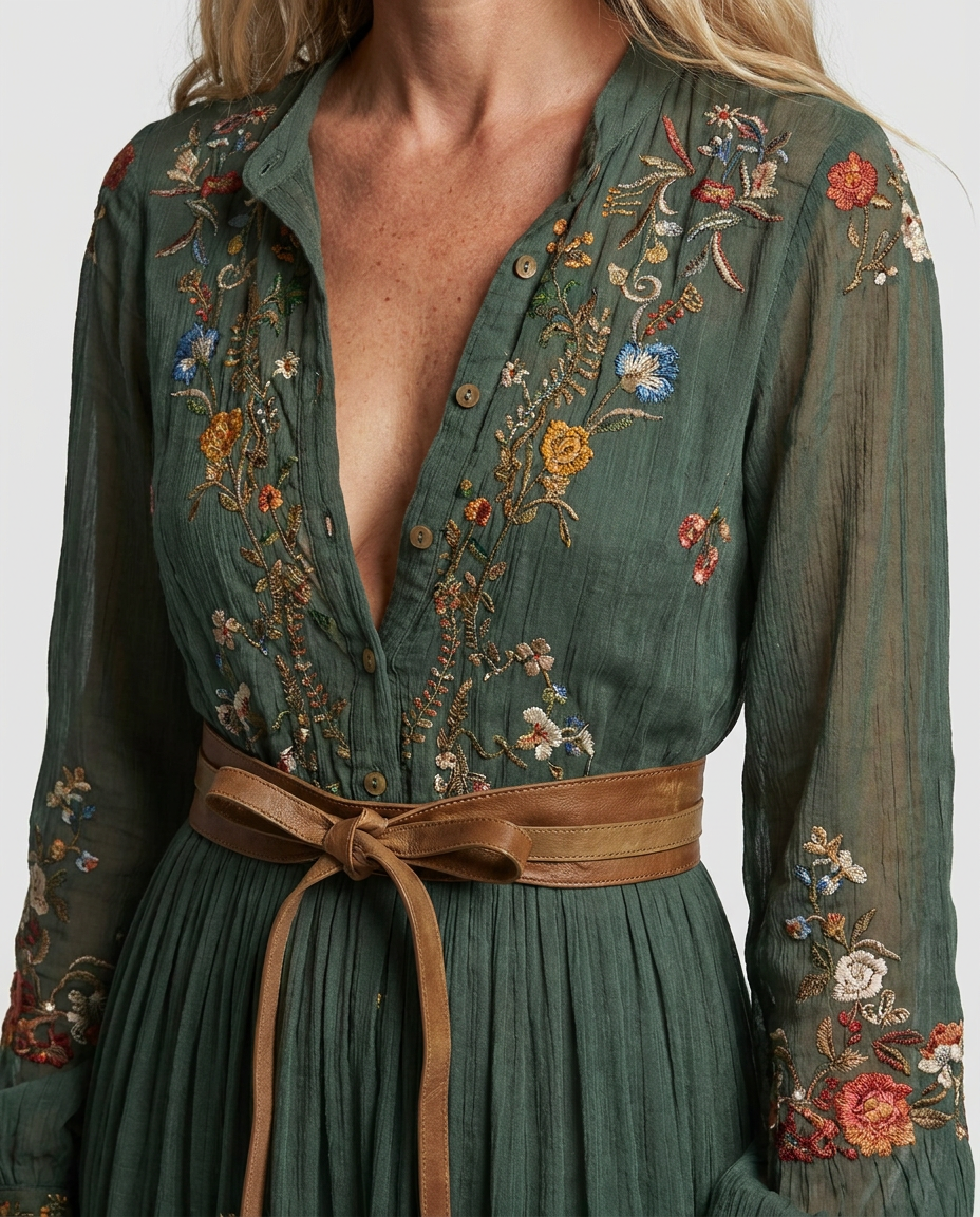 Embroidered Deep V-Neck Puff Sleeve Belted Boho Maxi Dress 5