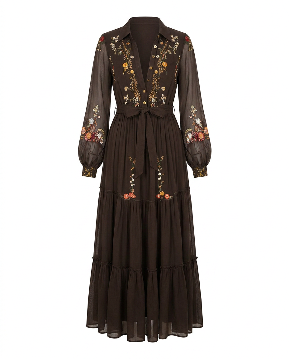 Embroidered Deep V-Neck Puff Sleeve Belted Boho Maxi Dress 7