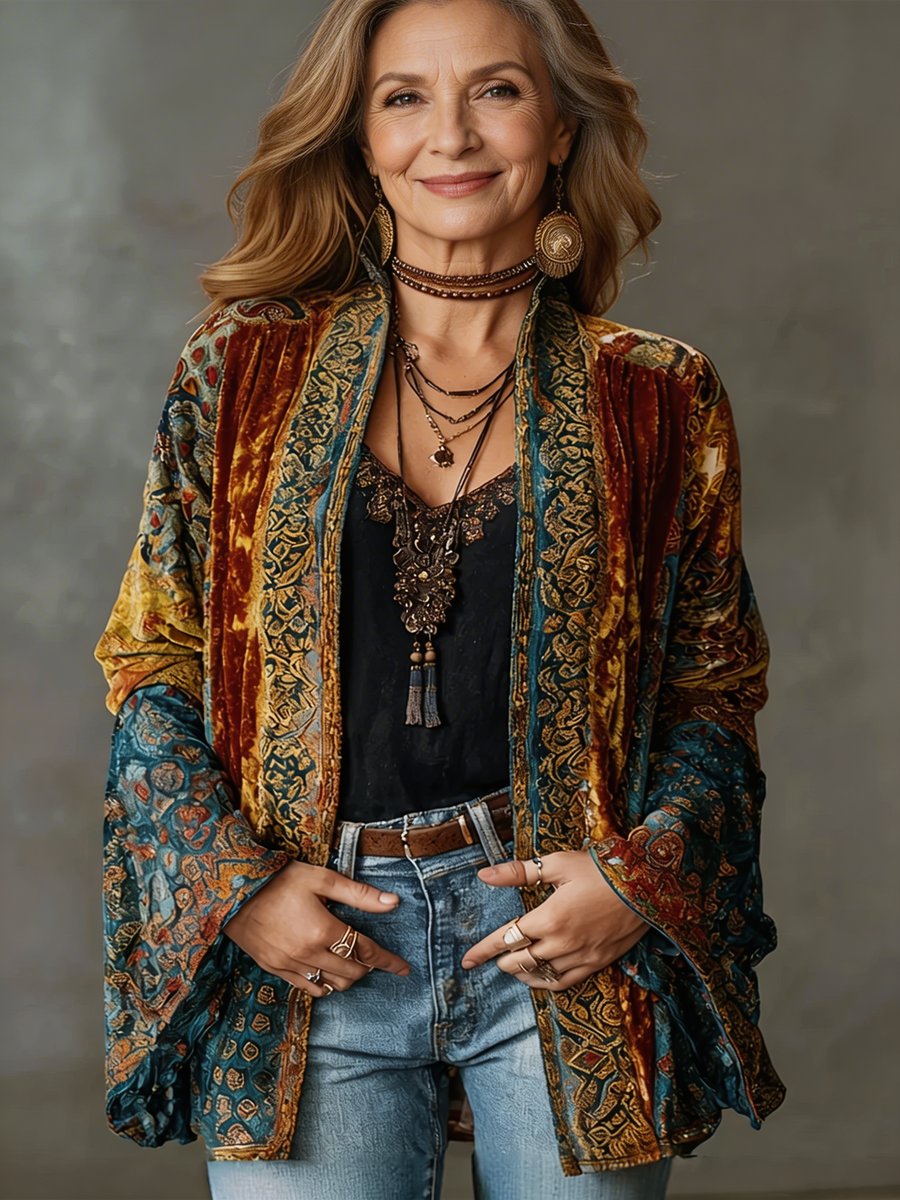 Paisley Print Velvet Open Front Kimono Jacket