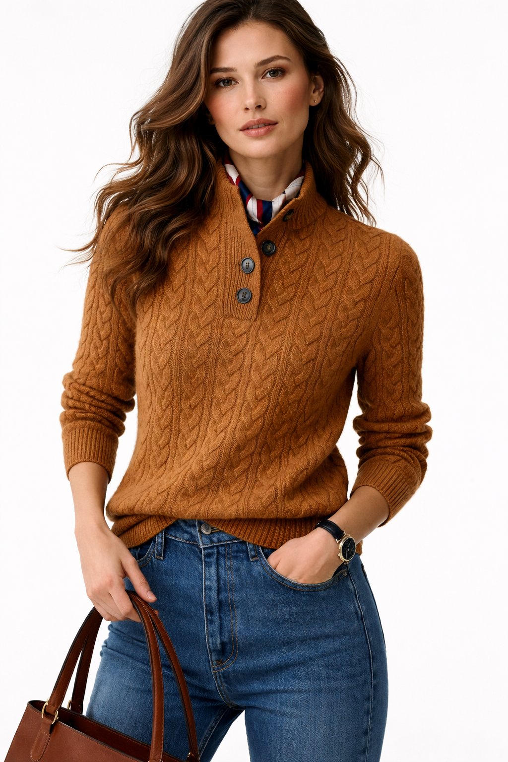 Button Mock Neck Long Sleeve Cable Knit Sweater