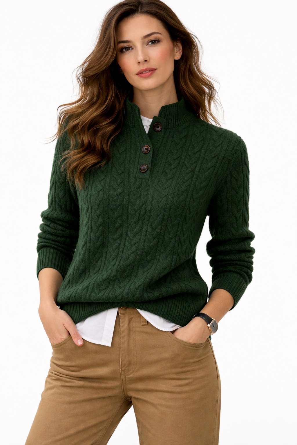 Button Mock Neck Long Sleeve Cable Knit Sweater 2