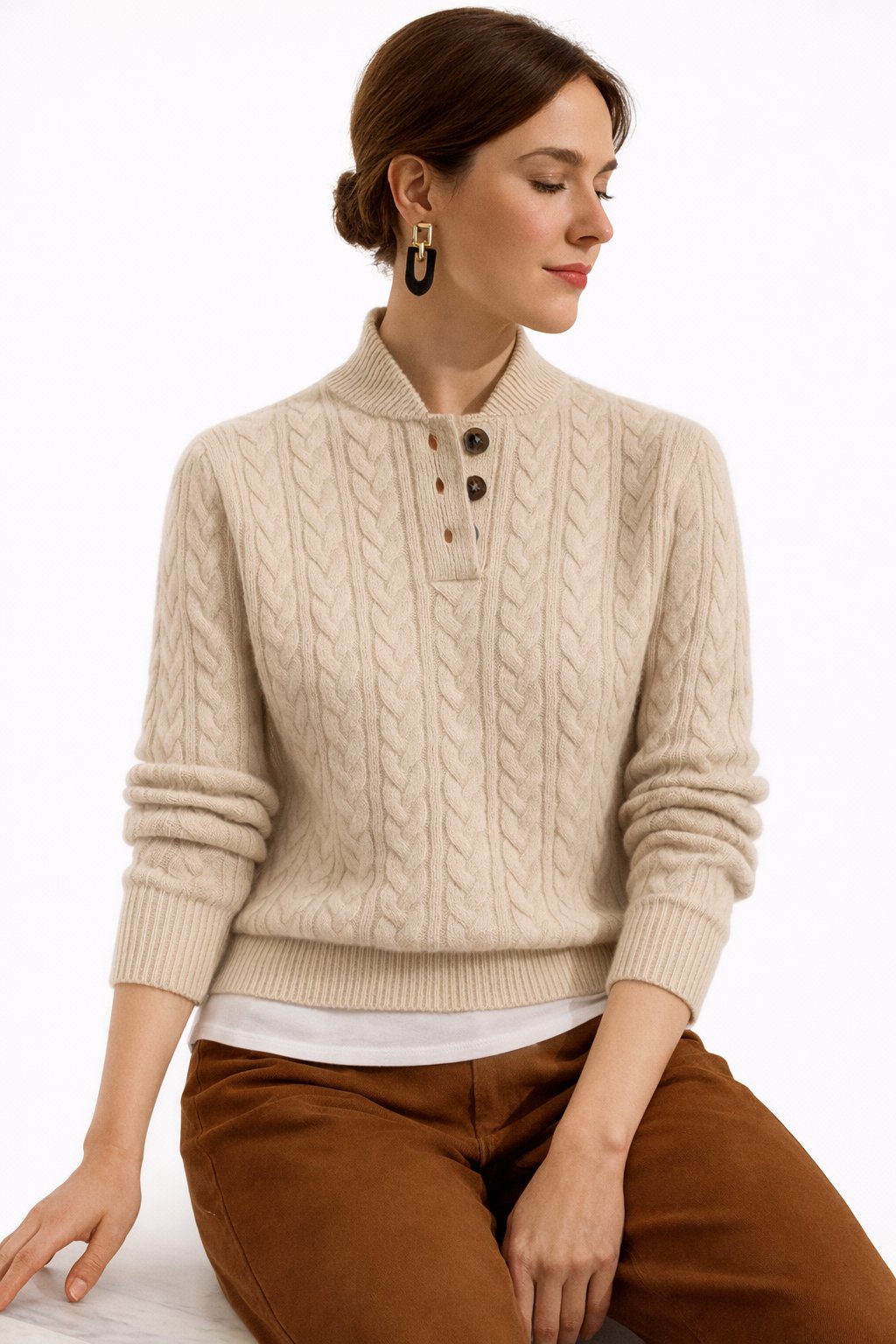 Button Mock Neck Long Sleeve Cable Knit Sweater 4