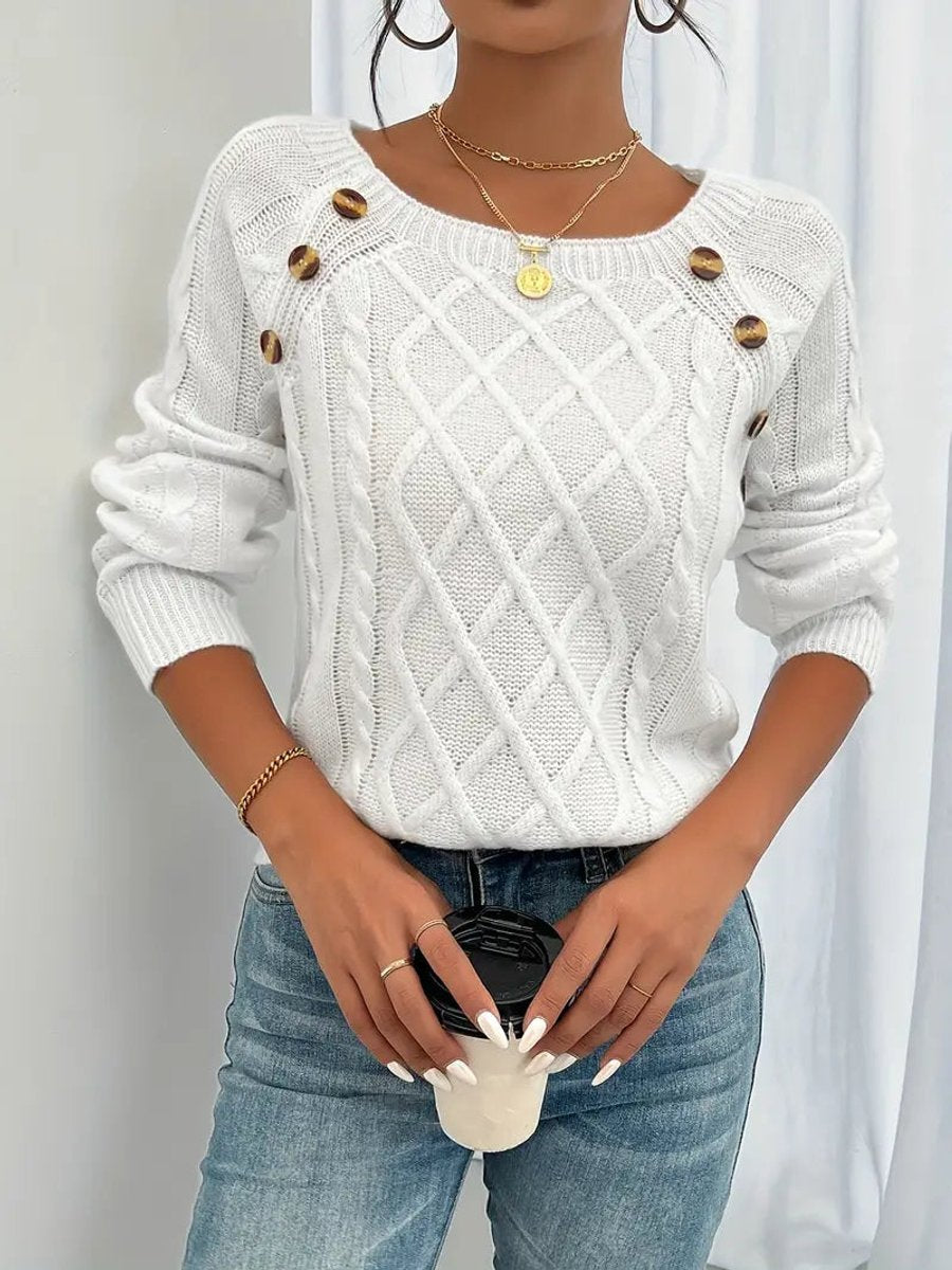 Round Neck Cable Knit Button Shoulder Sweater