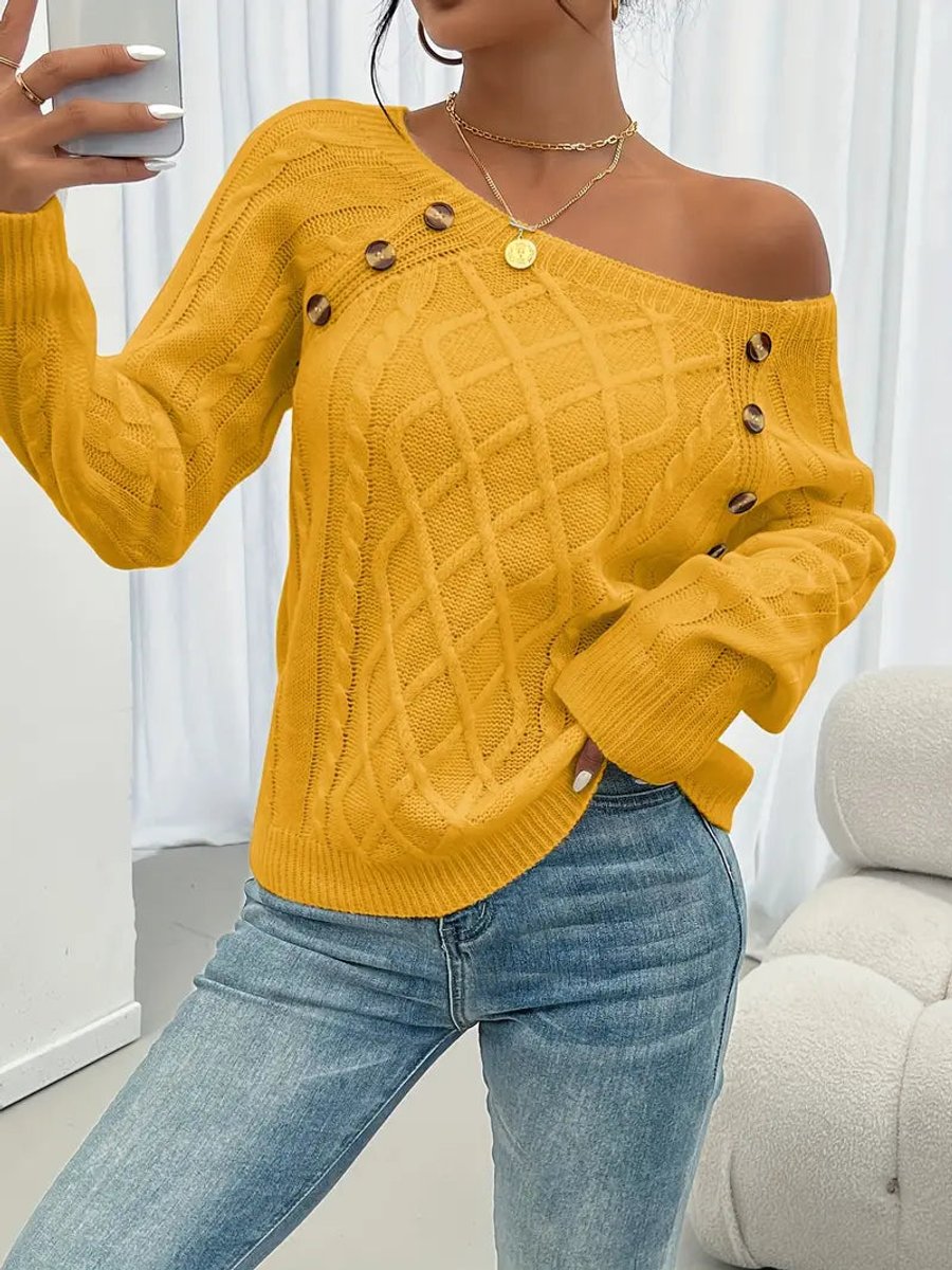 Round Neck Cable Knit Button Shoulder Sweater 10