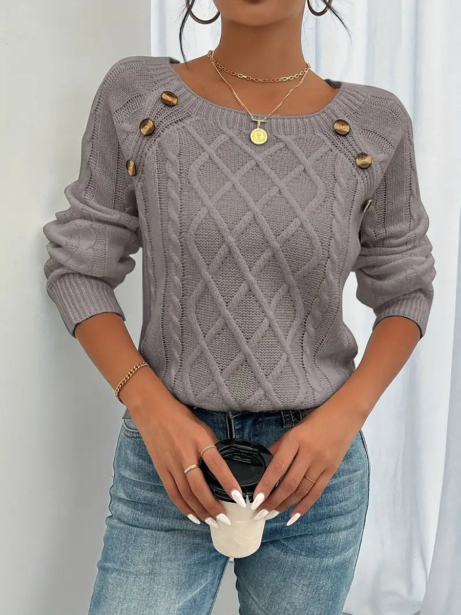 Round Neck Cable Knit Button Shoulder Sweater 11
