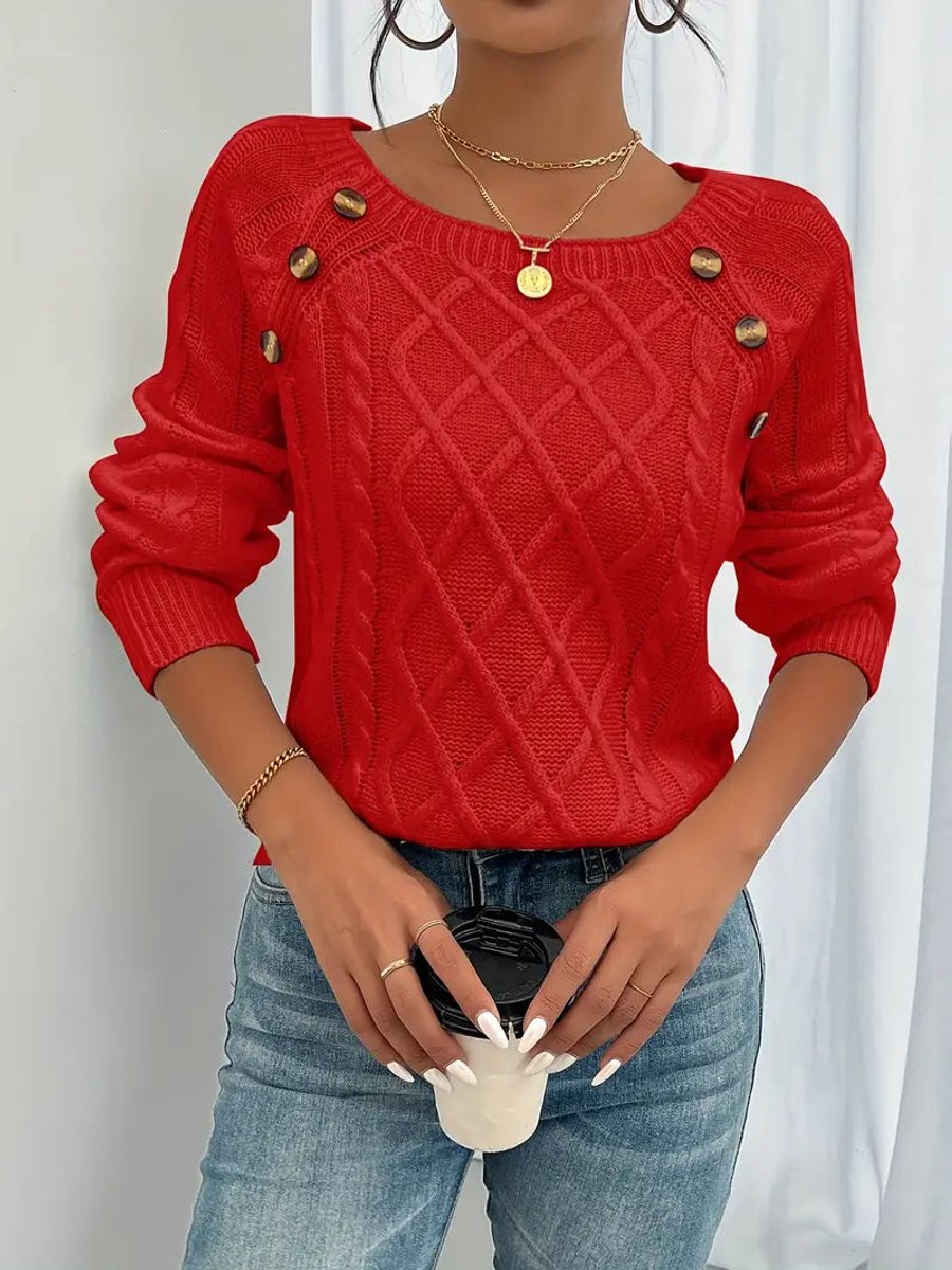 Round Neck Cable Knit Button Shoulder Sweater 13