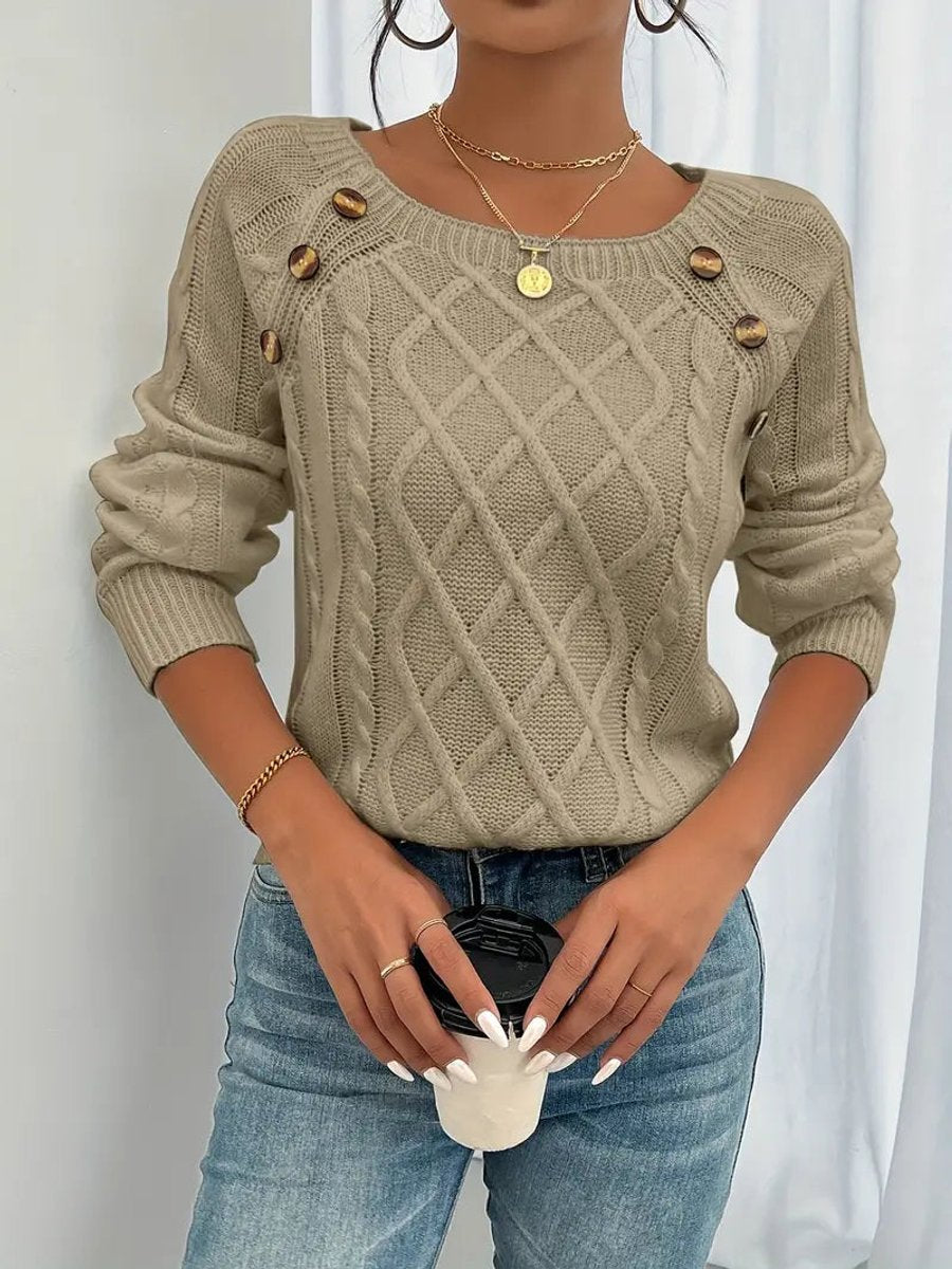 Round Neck Cable Knit Button Shoulder Sweater 5