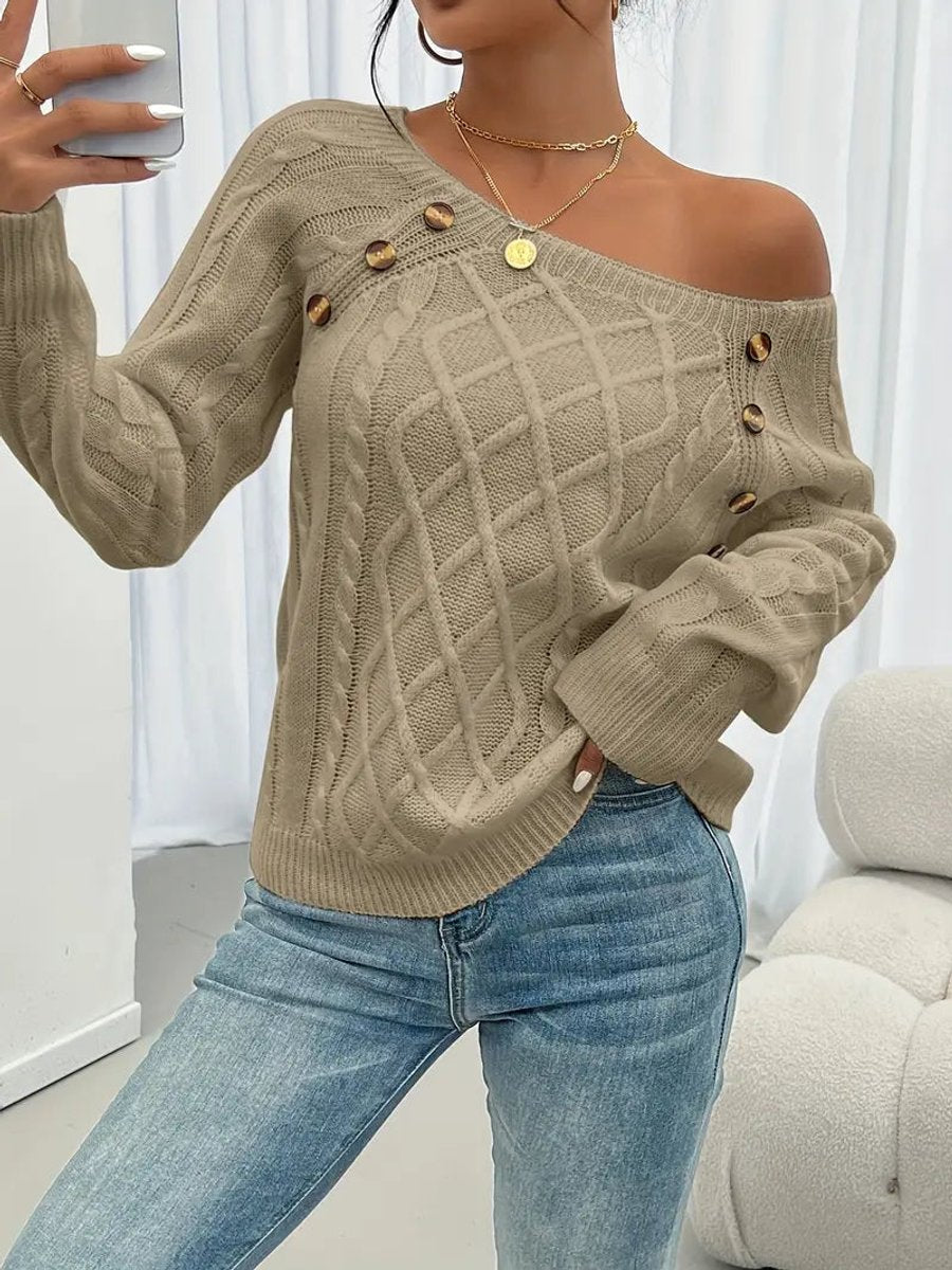 Round Neck Cable Knit Button Shoulder Sweater 6