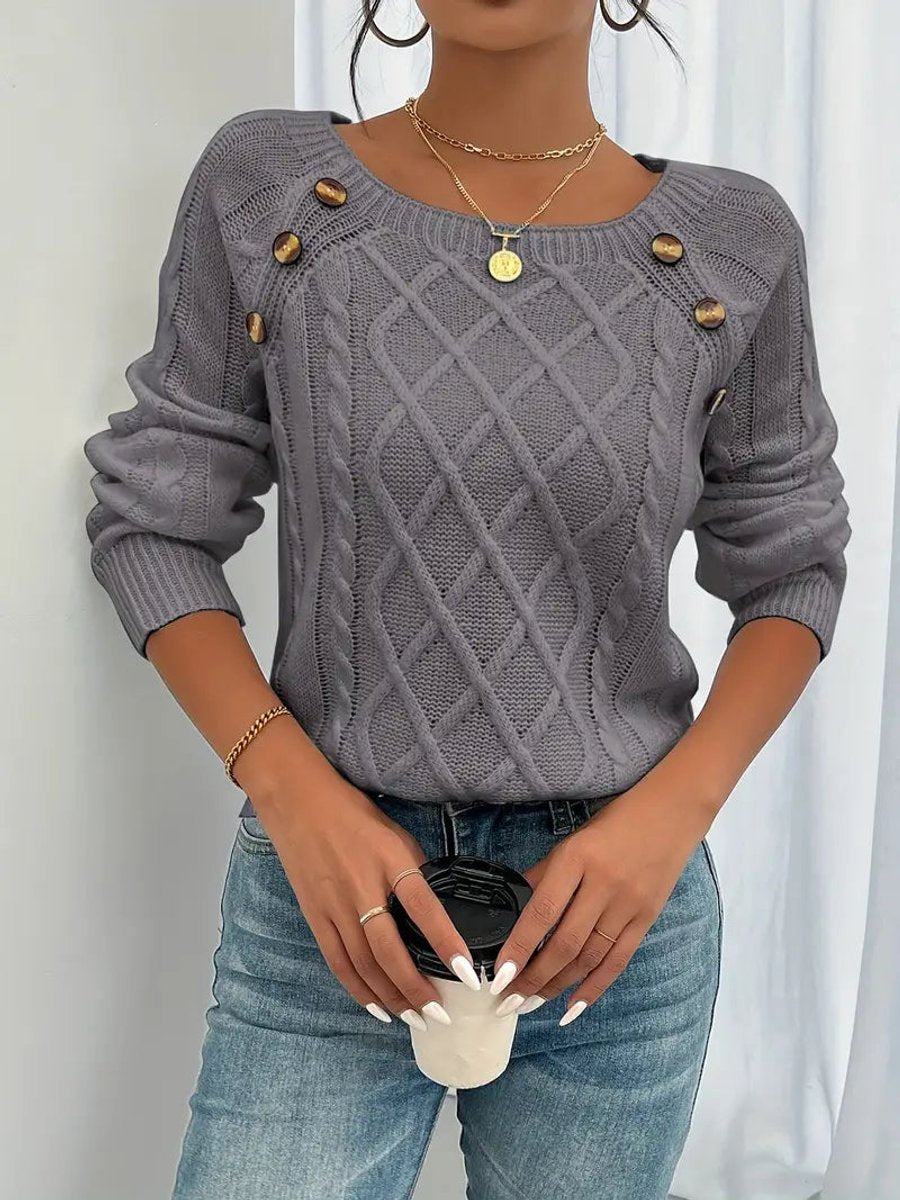 Round Neck Cable Knit Button Shoulder Sweater 7