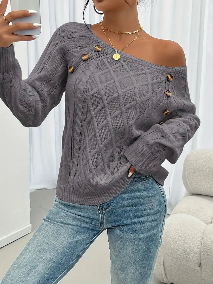 Round Neck Cable Knit Button Shoulder Sweater 8