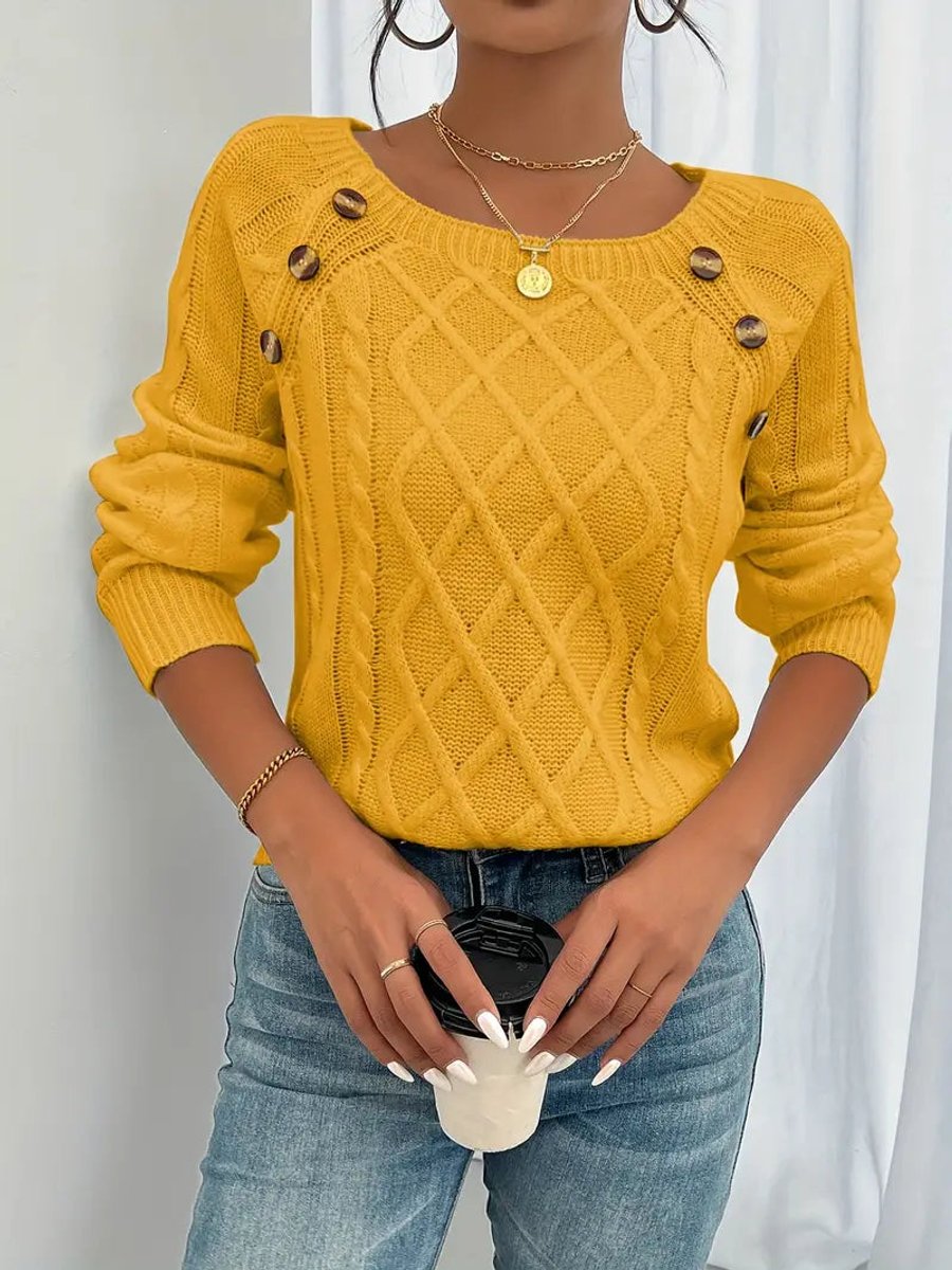 Round Neck Cable Knit Button Shoulder Sweater 9