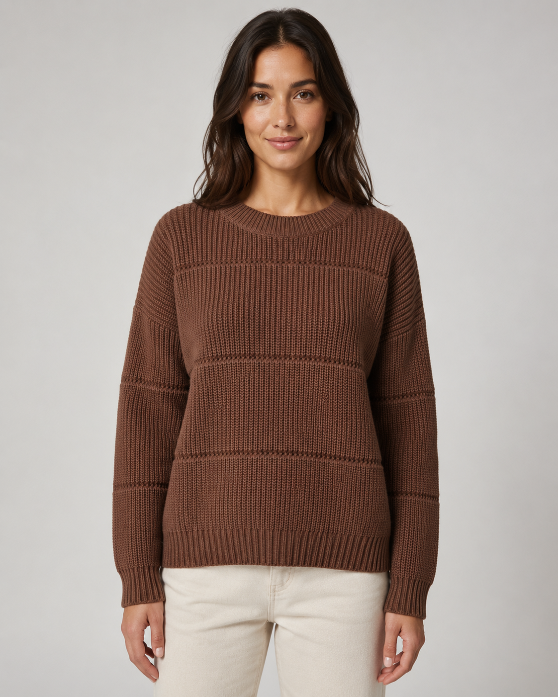 Chunky Ribbed Knit Crew Neck Drop Shoulder Sweater
