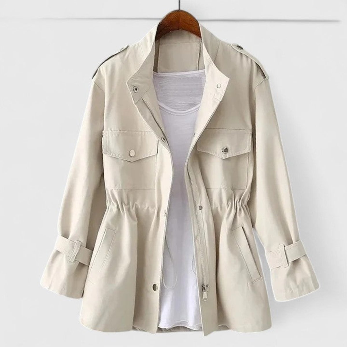 Stand Collar Zip Front Drawstring Waist Snap Pocket Utility Jacket 3