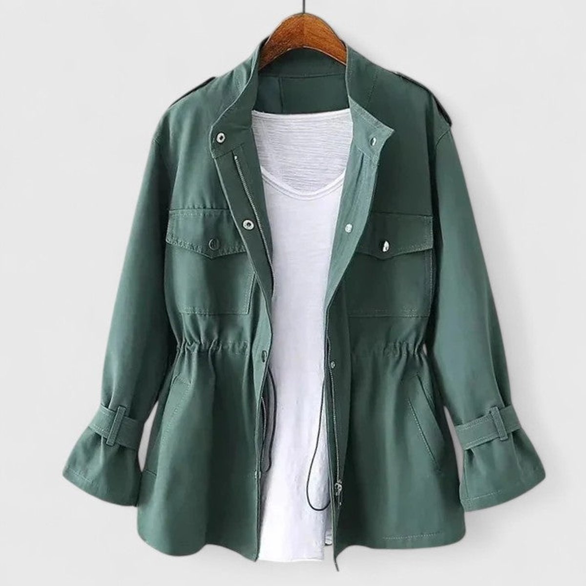 Stand Collar Zip Front Drawstring Waist Snap Pocket Utility Jacket 5