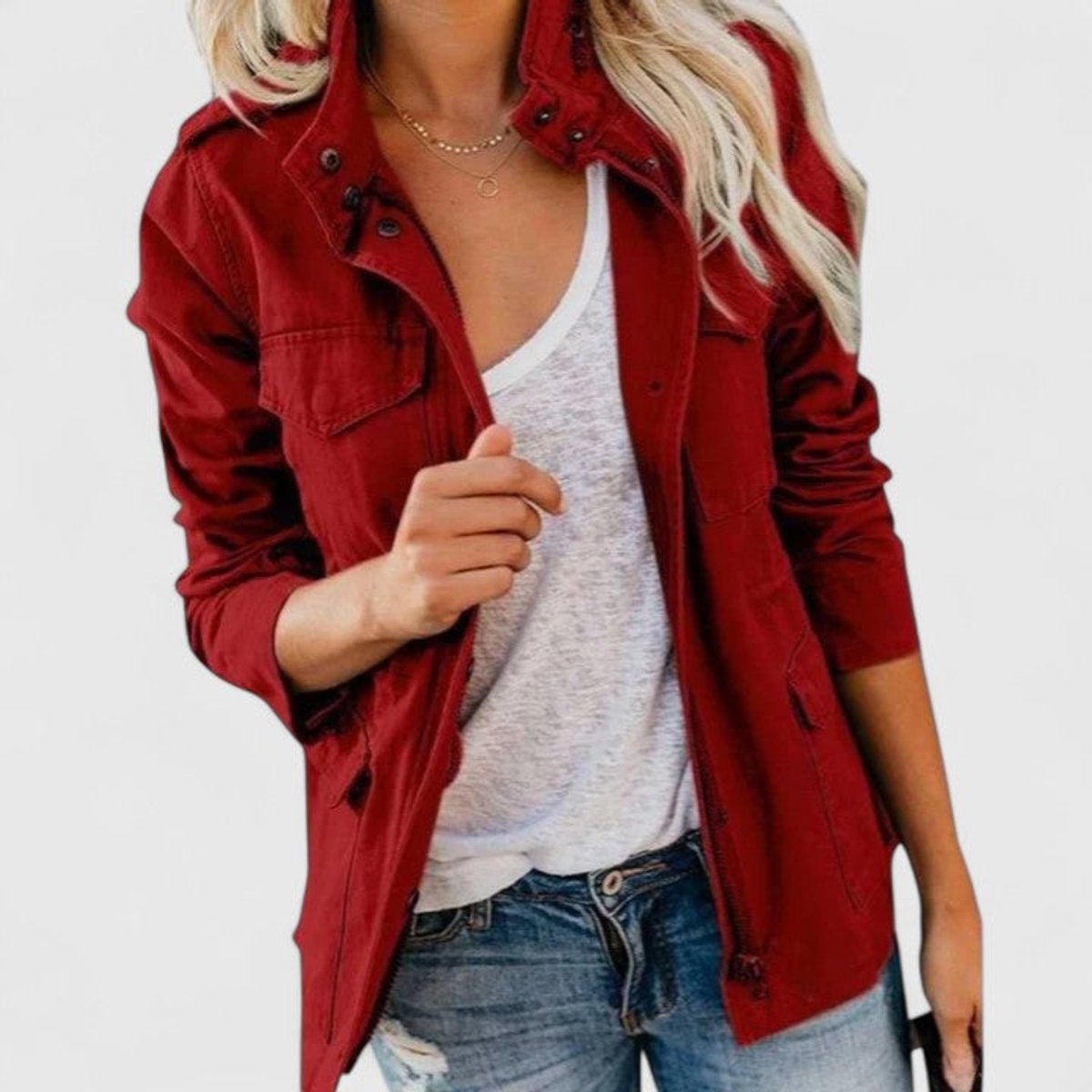 Stand Collar Snap Pocket Zip Front Utility Jacket