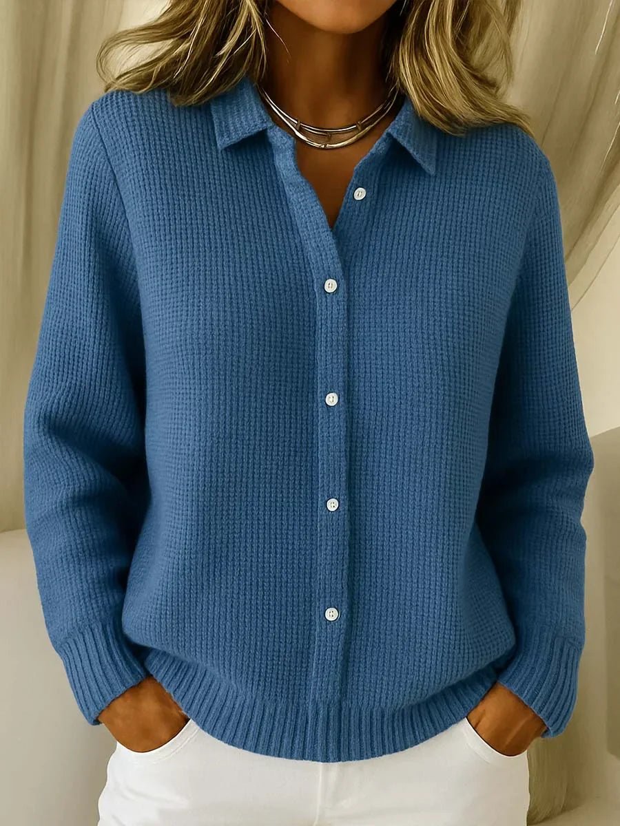 Collared Button Front Long Sleeve Waffle Knit Shirt 3