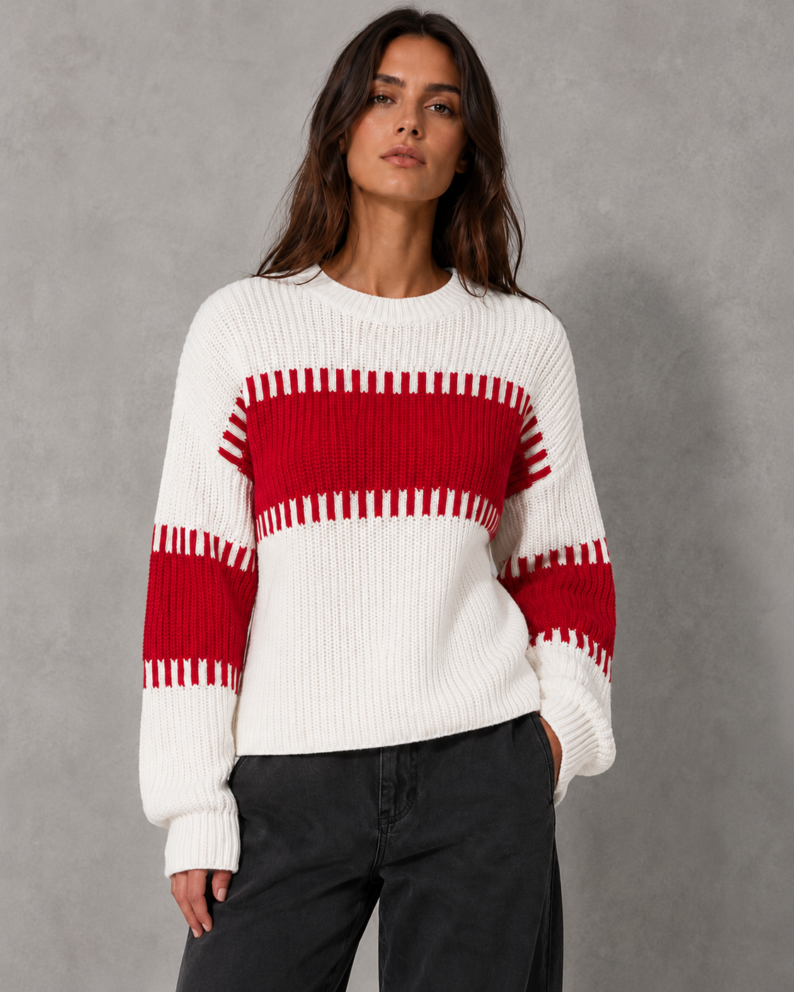 Striped Crew Neck Chunky Ribbed Knit Sweater 2