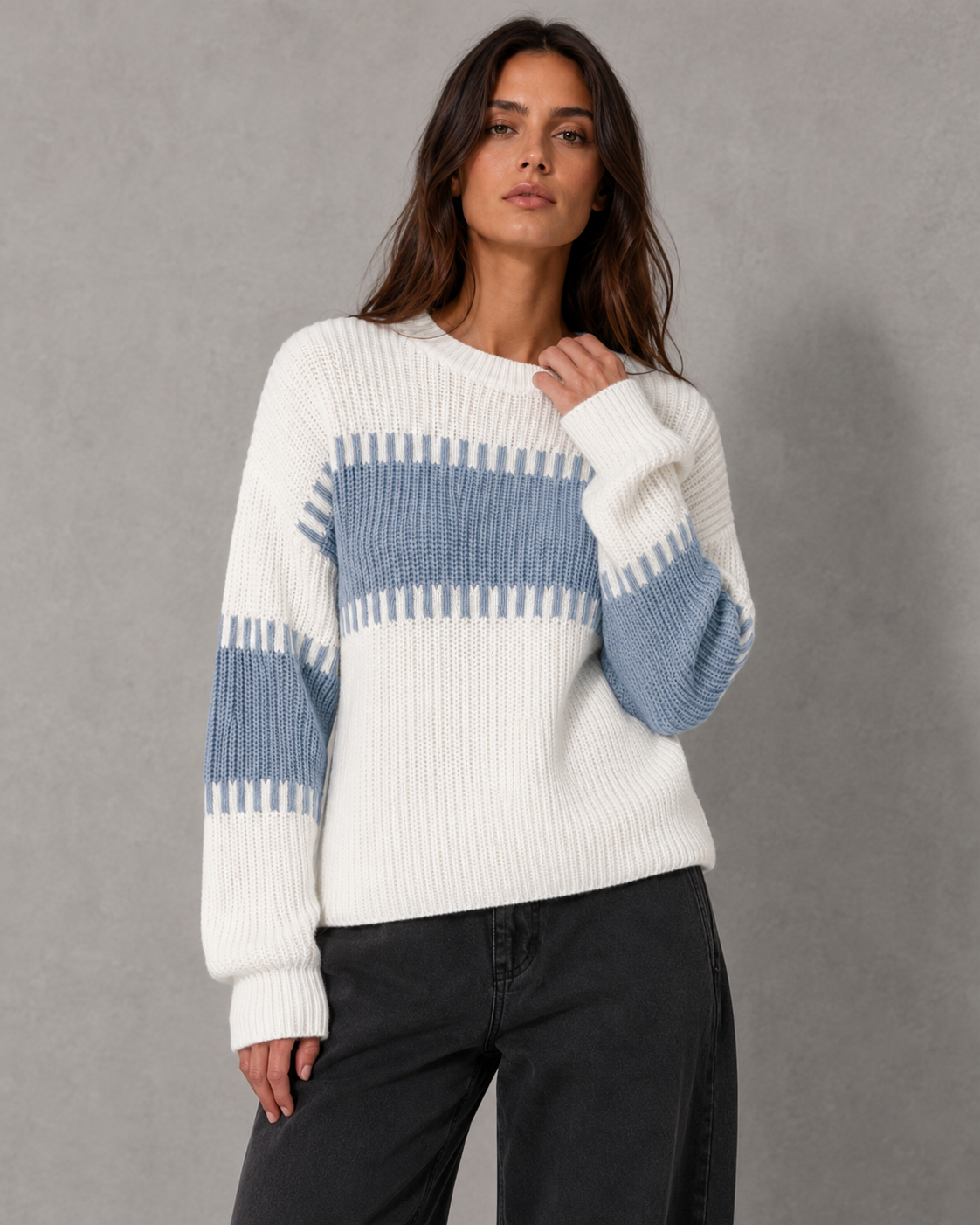 Striped Crew Neck Chunky Ribbed Knit Sweater 7