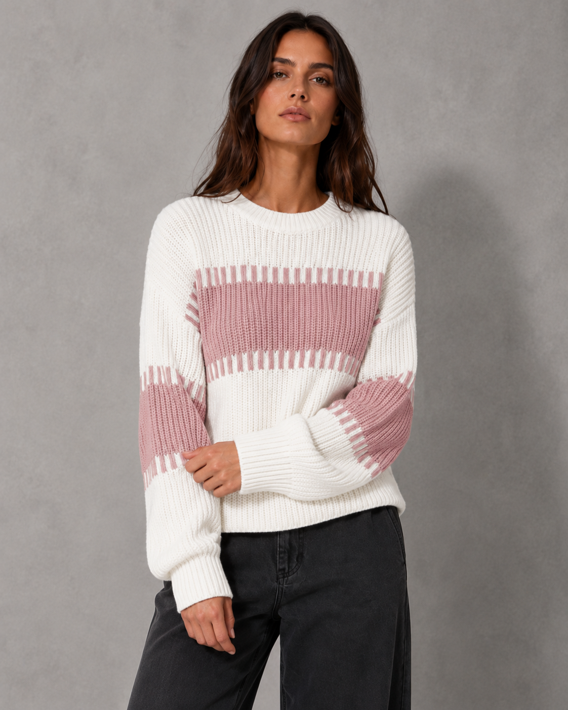 Striped Crew Neck Chunky Ribbed Knit Sweater 8