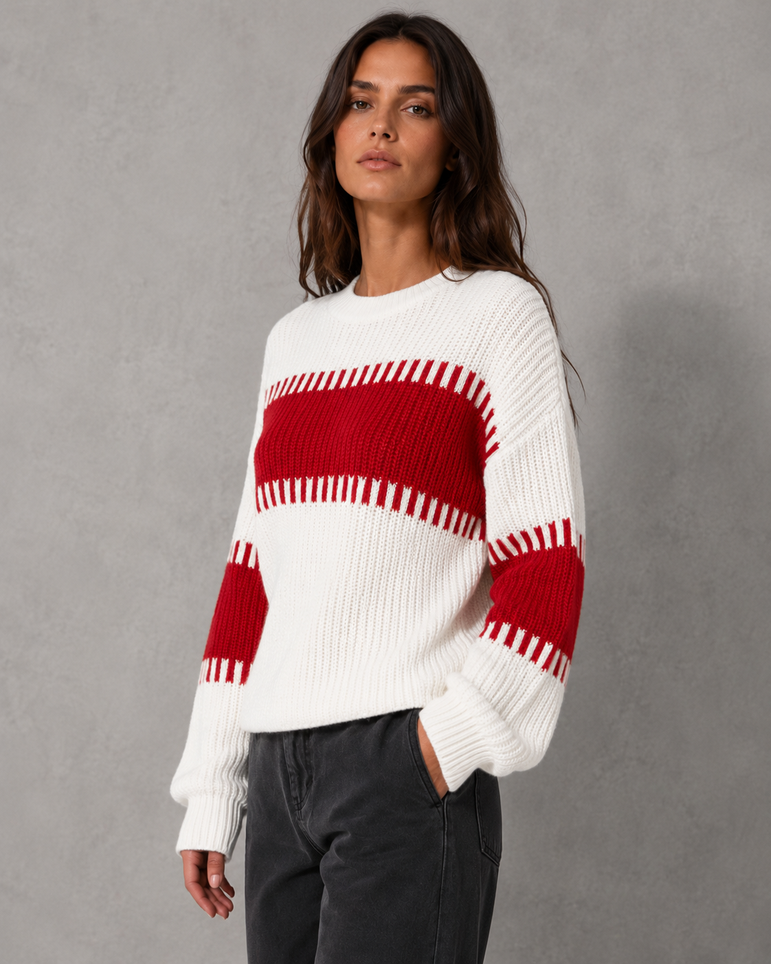 Striped Crew Neck Chunky Ribbed Knit Sweater