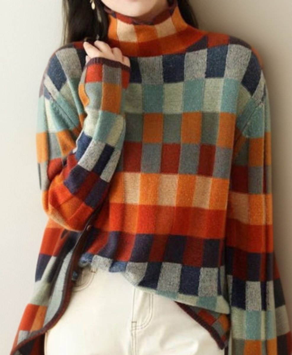 Colorblock Check Turtleneck Long Sleeve Knit Sweater