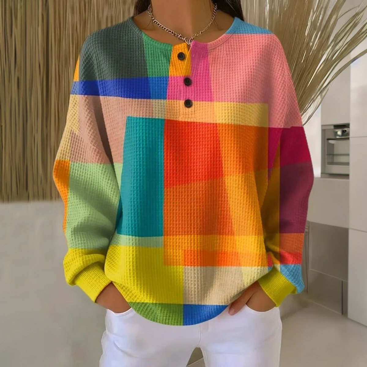 Colorblock Waffle Knit Button Henley Long Sleeve Sweater 2