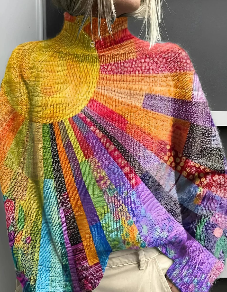 Turtleneck Abstract Sunburst Print Oversized Knit Sweater