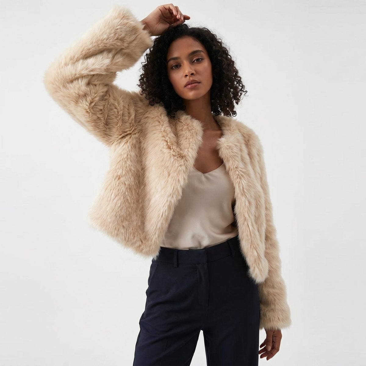 Open Front Cropped Faux Fur Long Sleeve Jacket 5
