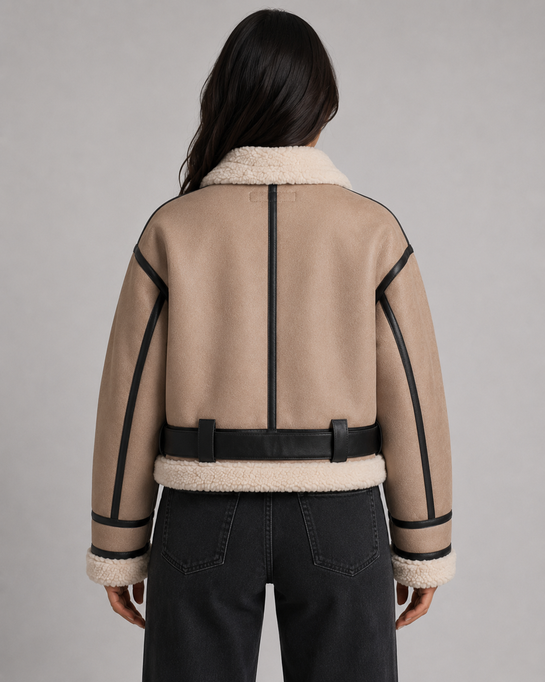 Cropped Faux Shearling Belted Aviator Jacket 3
